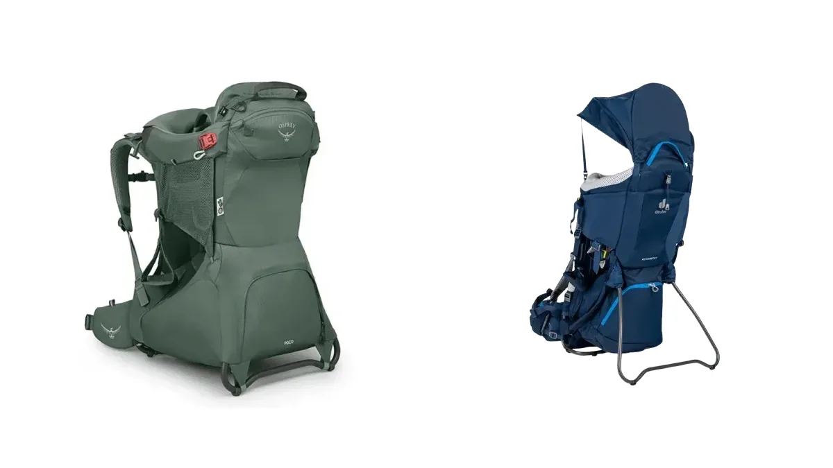 Osprey Poco Premium (zielony) obok Deuter Kid Comfort (niebieski) - porównanie nosideł turystycznych